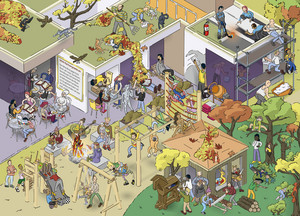 Im Wimmelbuch ist das Nachsorgezentrum des VKKK schon fast fertig. In der Realität startet der Bau voraussichtlich im Jahr 2023. Der Verein finanziert den Bau ausschließlich aus Spenden. (Illustration: faust-omonsky.de, Sebastian Franz)