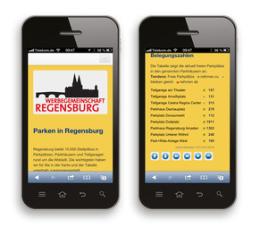 Auf dem Smartphone und natürlich auch für alle anderen Computer liefert mobil.r-parken.de oder www.r-parken.de alle zehn Minuten aktuell die freien Stellplätze in Regensburg.